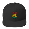 Hella Seki Snapback Hat Front Design with peace sign in red yellow and green