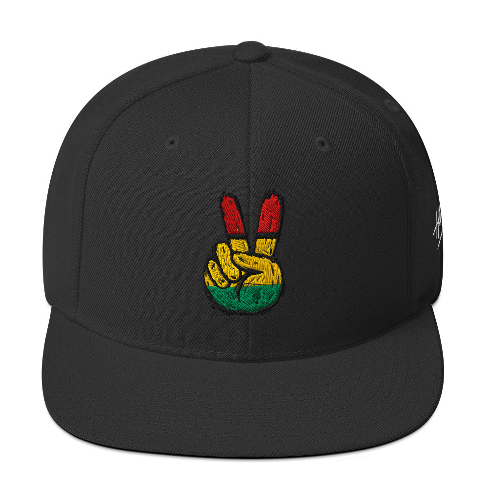 Hella Seki Snapback Hat Front Design with peace sign in red yellow and green
